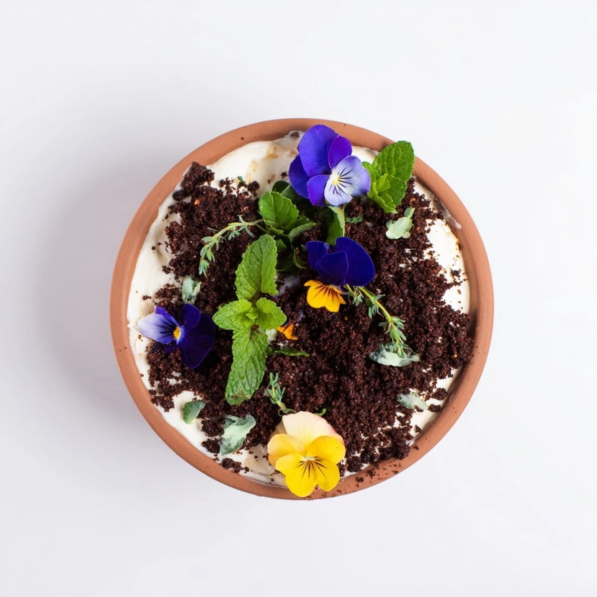 Beautiful edible potted floral garden with crumbled chocolate cake layers creamy filling and colorful pansies violets nasturtiums