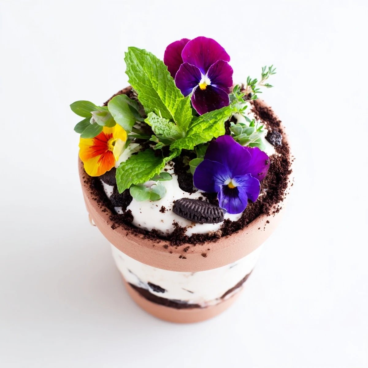 Chocolate edible potted floral garden served in flower pots with vibrant edible flowers and fresh mint sprigs