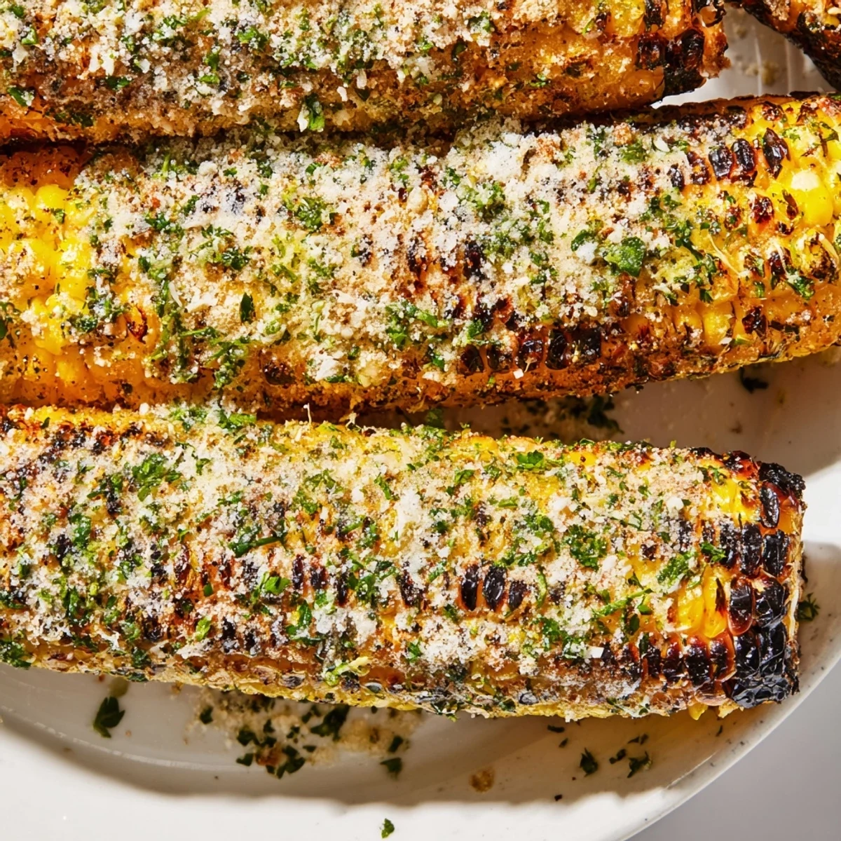 Golden grilled corn on the cob coated with zesty parmesan ranch herb mixture