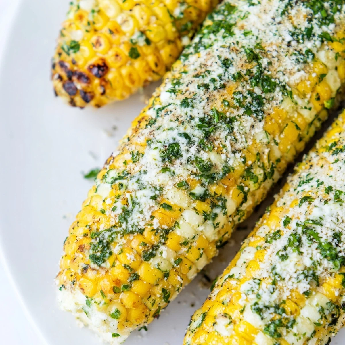 Charred sweet corn ears sprinkled generously with savory ranch parmesan cheese and fresh herbs