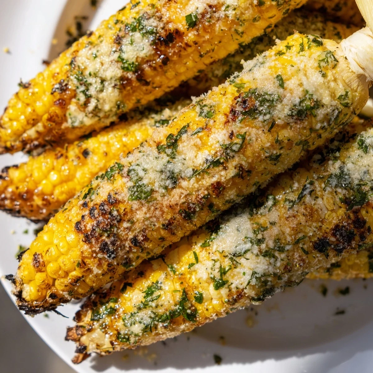 Flame-grilled corn on the cob brushed with herb butter and finished with parmesan ranch coating