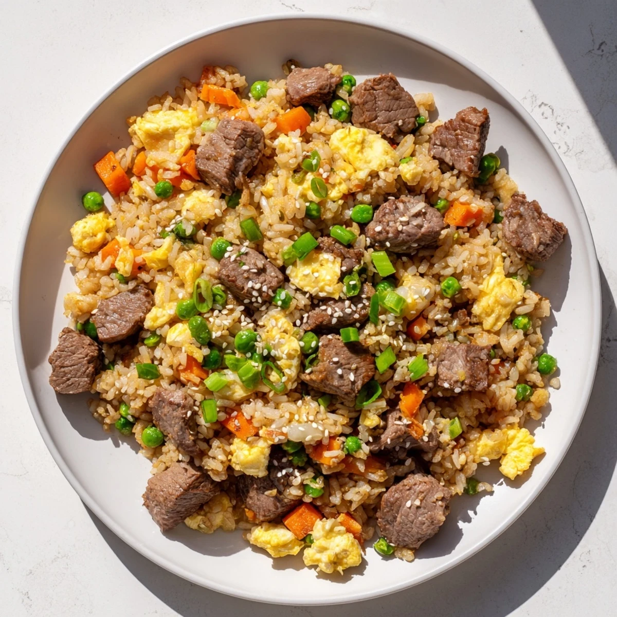 Sizzling Blackstone hibachi steak fried rice with tender beef cubes, colorful vegetables, and scrambled eggs on a griddle