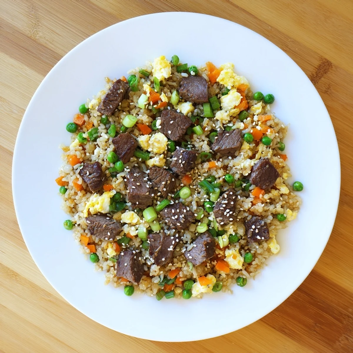 Steak fried rice recipe cooked on Blackstone griddle, packed with savory flavors and served hot for dinner