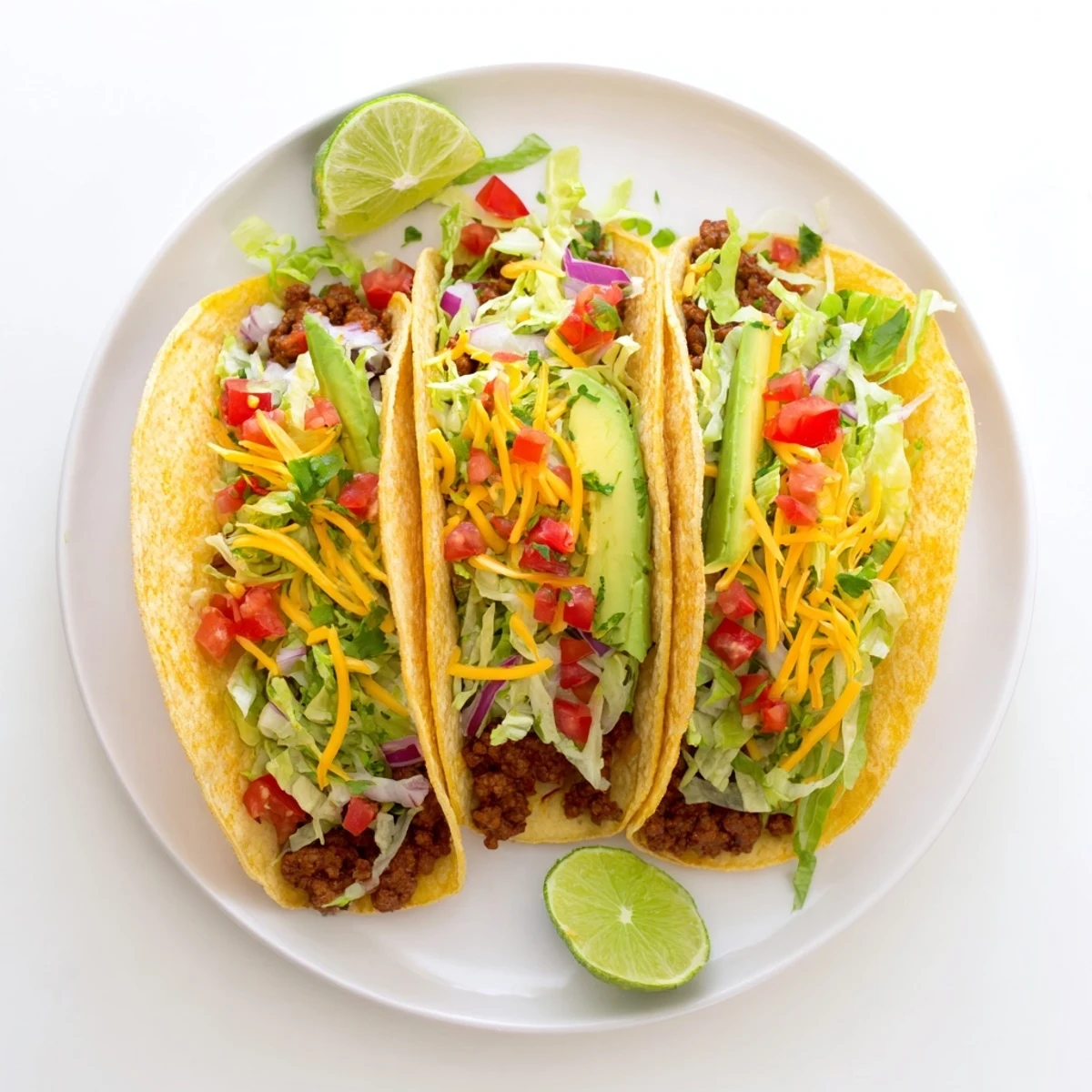 Golden ground beef tacos topped with fresh homemade pico de gallo and melted cheese in warm tortillas