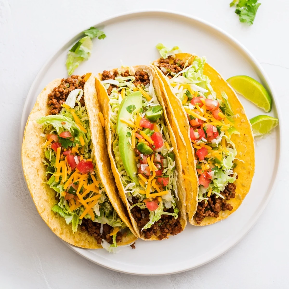 Delicious ground beef tacos with zesty homemade seasoning piled high with colorful pico de gallo and creamy avocado