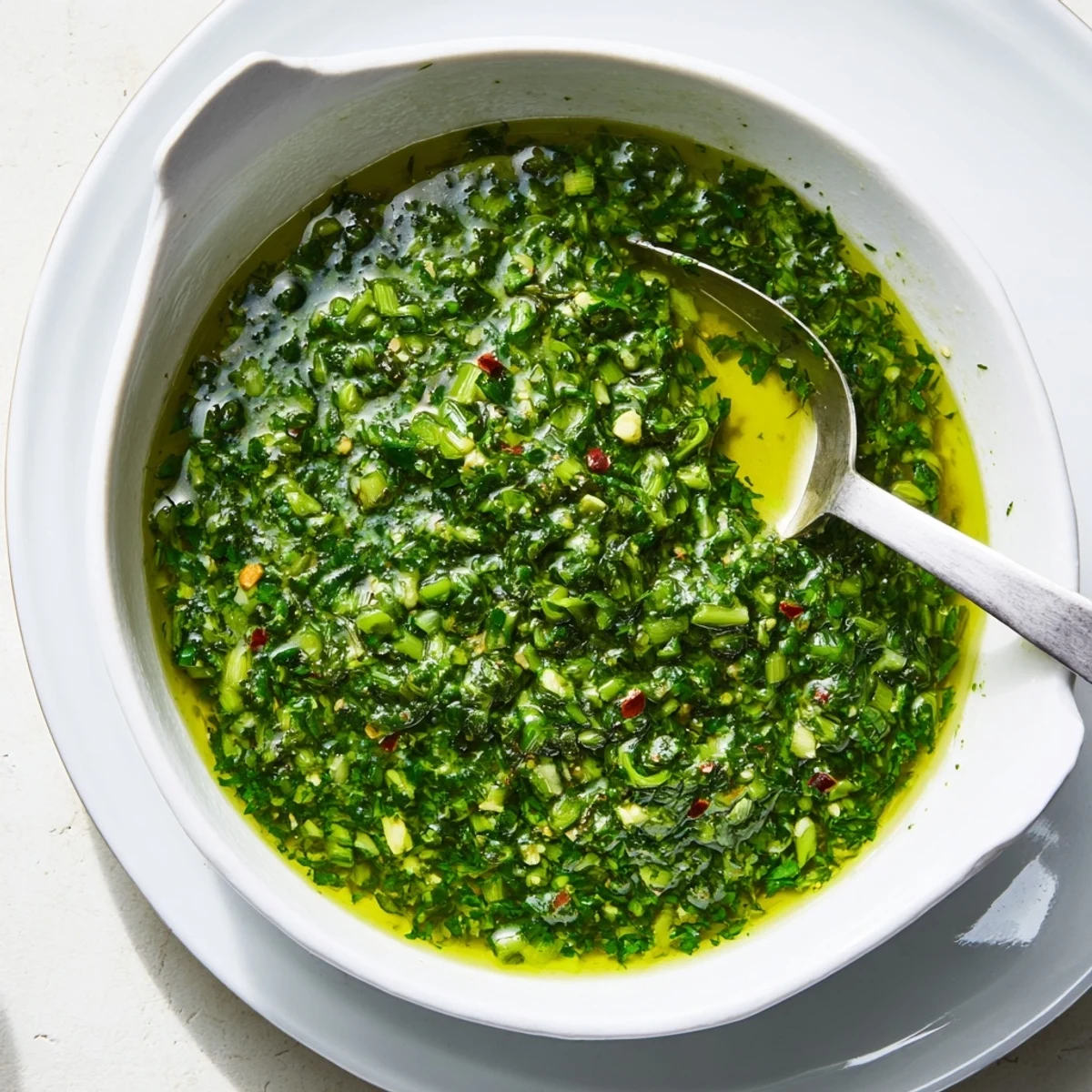 Vibrant green garlic scape chimichurri sauce drizzled generously over grilled steak and vegetables