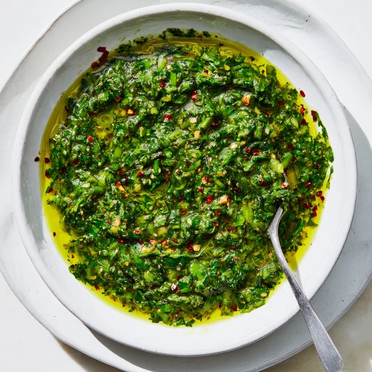 Fresh garlic scape chimichurri sauce in a glass bowl with parsley and cilantro visible