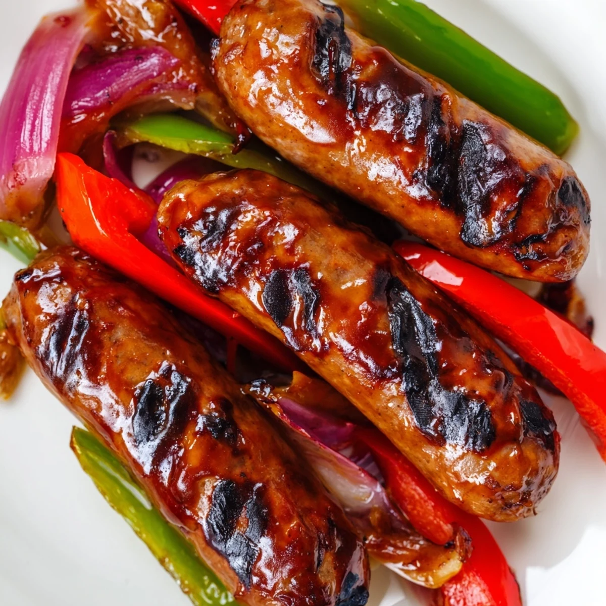 Golden grilled BBQ beef sausage with colorful peppers, caramelized onions, and tangy mustard honey glaze