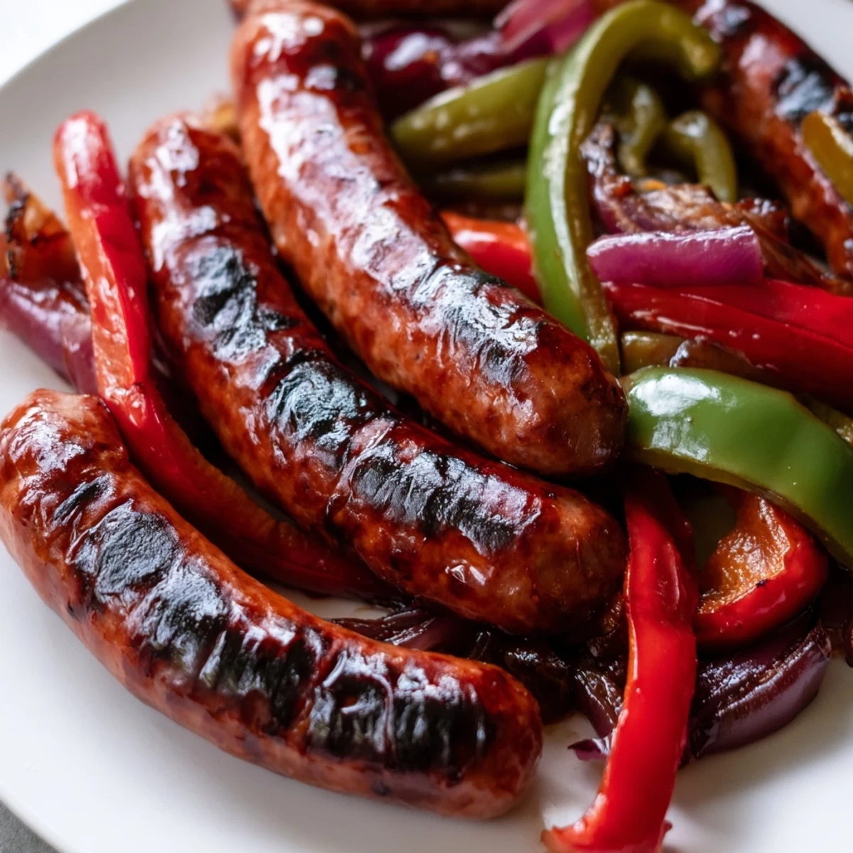 Plate of juicy grilled beef sausages topped with sweet grilled peppers and onions coated in mustard BBQ glaze