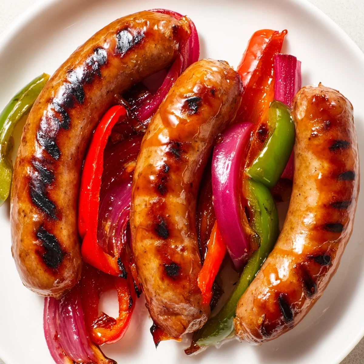 Summer barbecue plate featuring beef sausages grilled with bell peppers, onions, and brushed with sweet mustard glaze