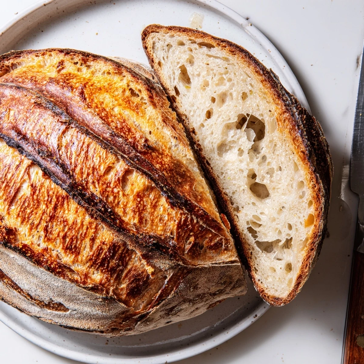 Golden sourdough bread loaf with crispy crust, sliced on wooden cutting board