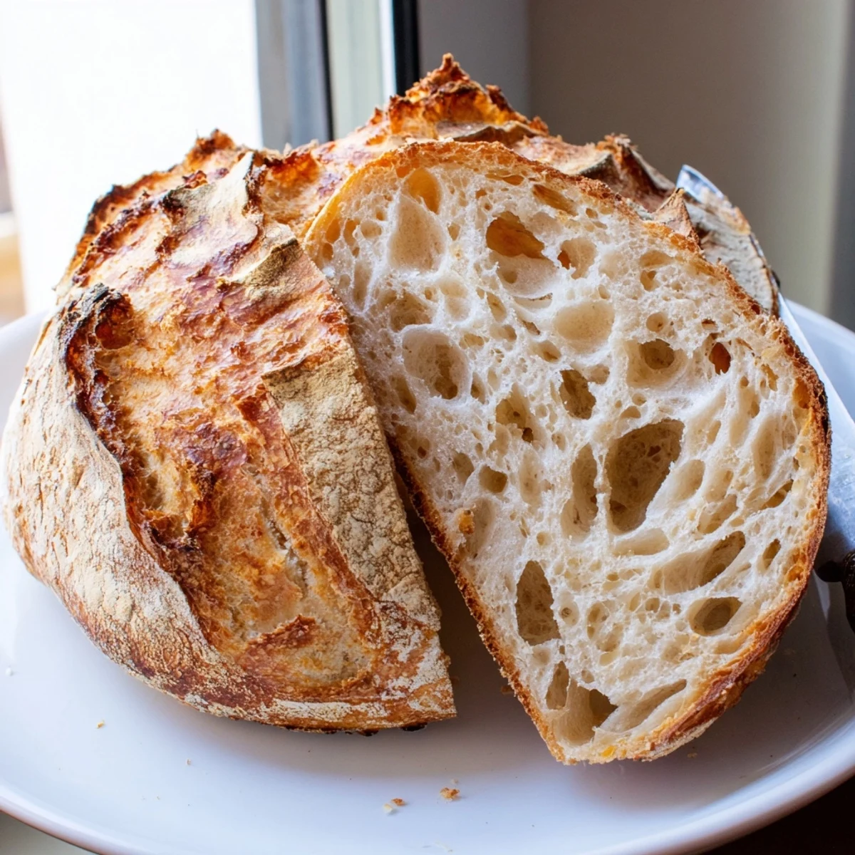 Rustic sourdough bread broken open showing chewy crumb and airy interior texture