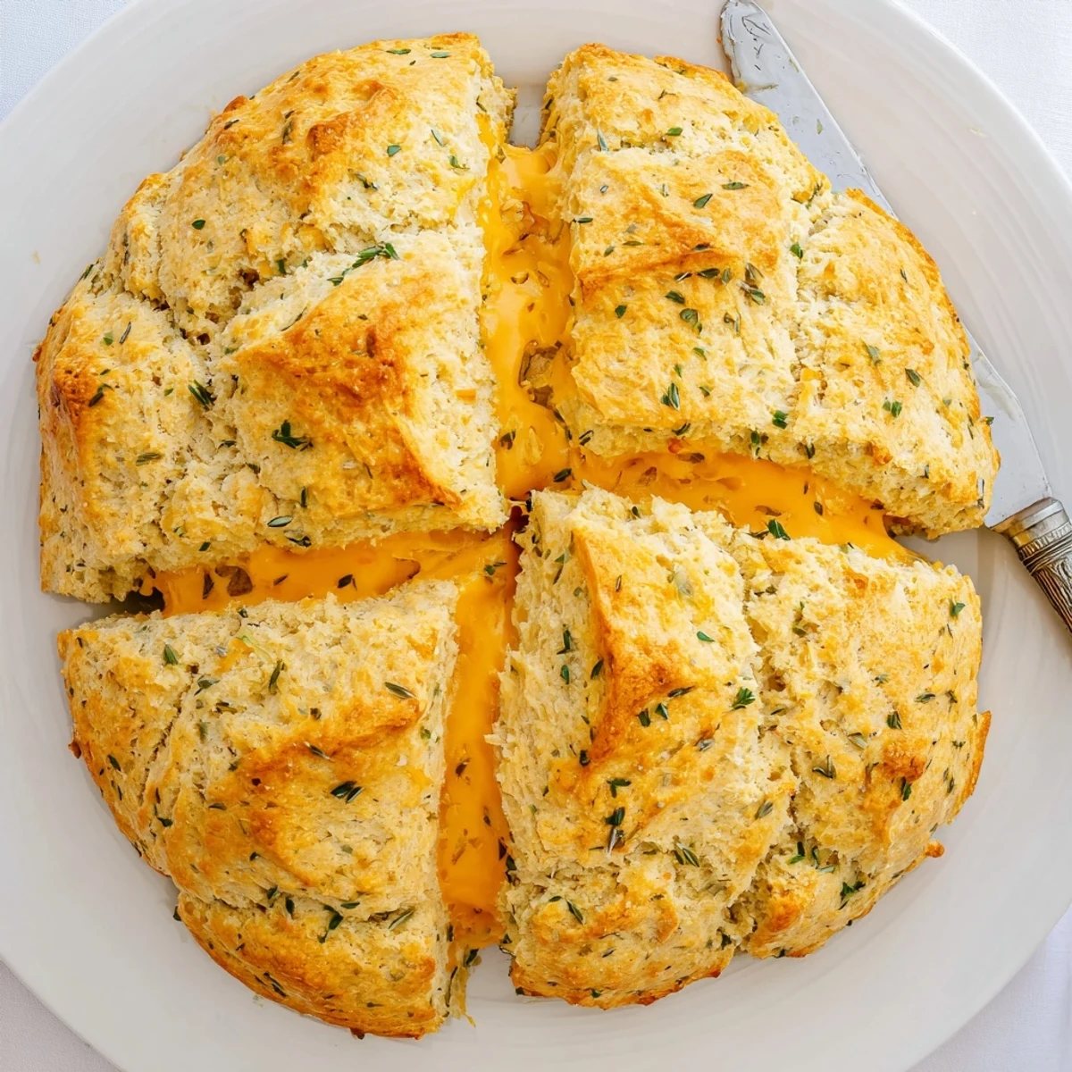 Golden cheddar and herb soda bread loaf with a rustic cross pattern on top