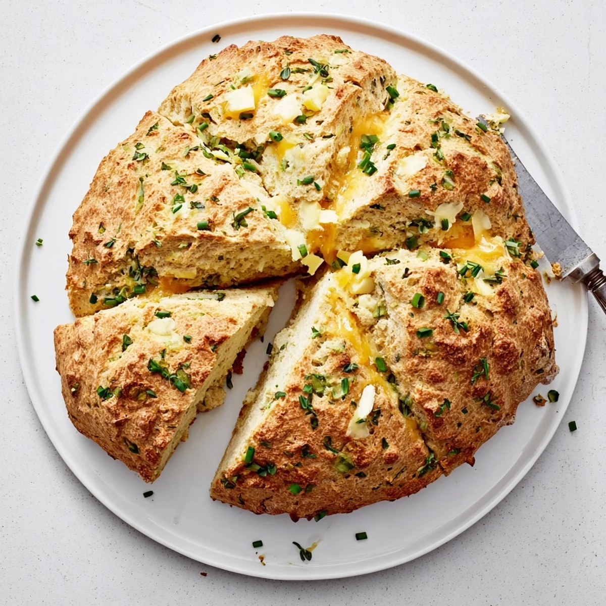 Savory soda bread sliced to reveal melted sharp cheddar and fresh green herbs throughout