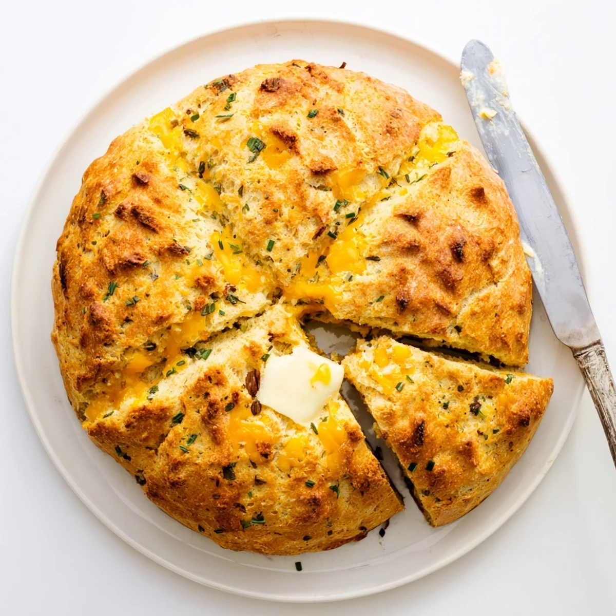 Warm homemade cheddar and herb soda bread served on a wooden cutting board with butter