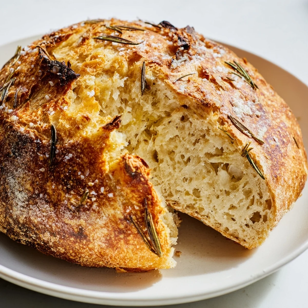 Golden crust Dutch oven garlic rosemary bread loaf on wooden board with fresh rosemary garnish