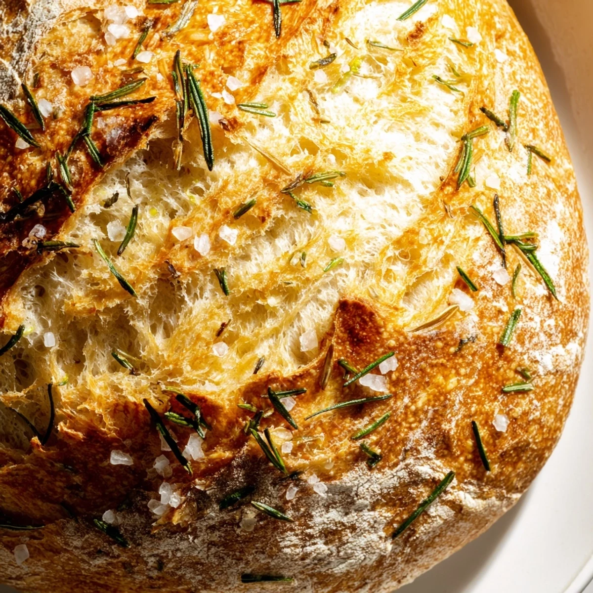 Sliced artisan garlic rosemary bread revealing soft interior with roasted garlic bits and herb flecks