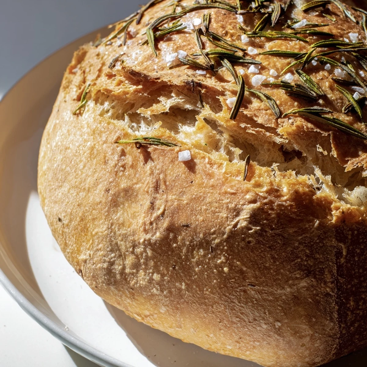 Rustic round bread baked in cast iron Dutch oven with golden brown crust and sea salt topping