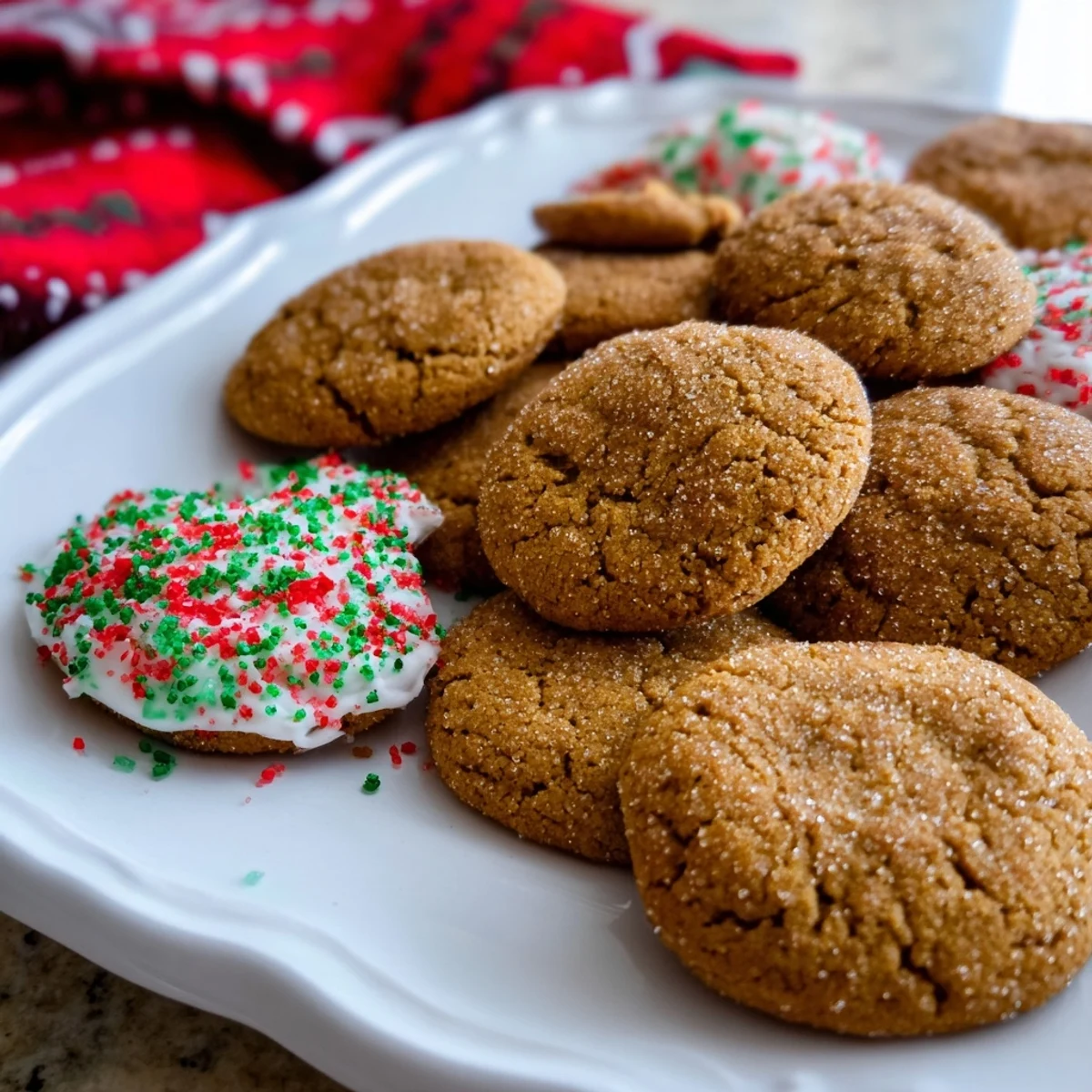 Festive classic cut out gingerbread cookies decorated with white royal icing and colorful sprinkles on a white plate