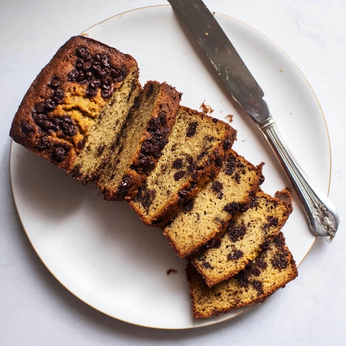 Golden chocolate chip banana bread loaf with melted chocolate chunks on top