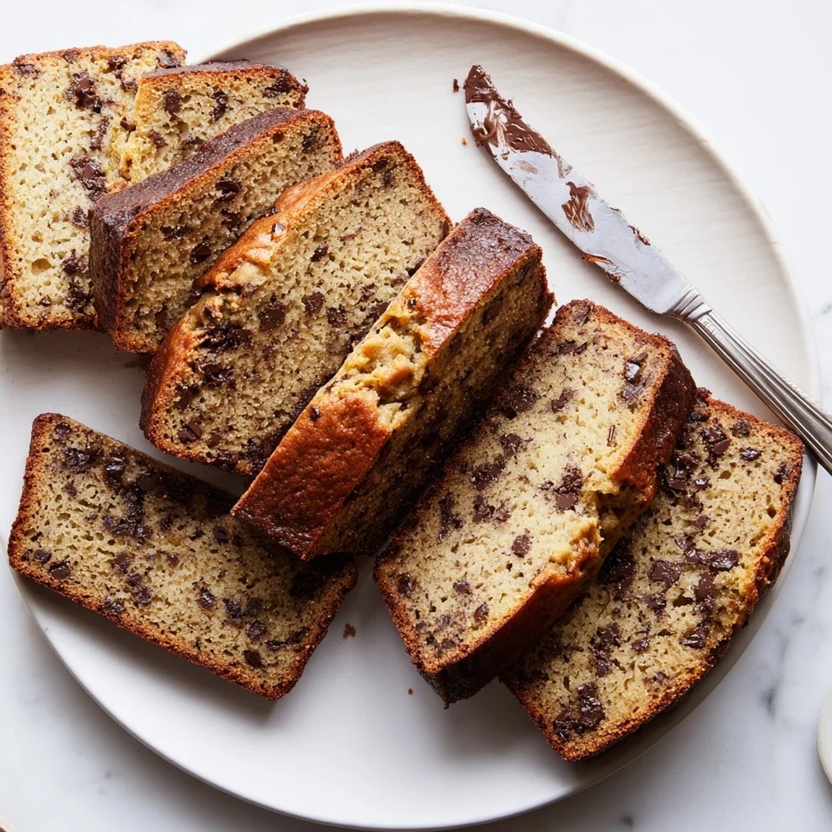 Moist homemade chocolate chip banana bread sliced on a wooden cutting board