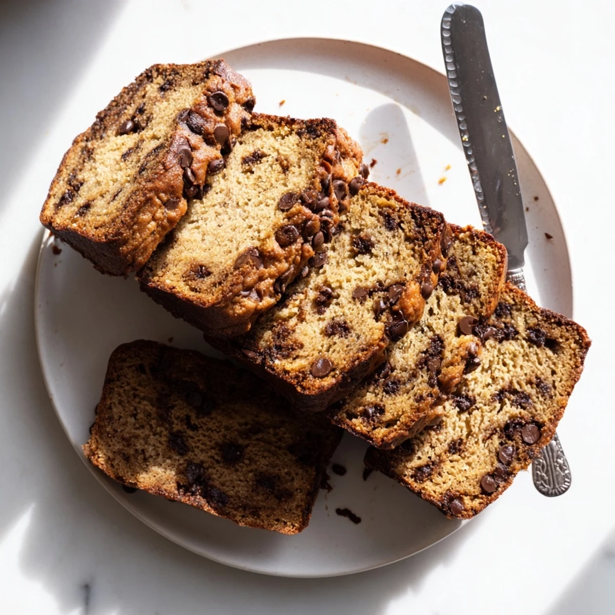 Freshly baked chocolate chip banana bread with speckled chocolate throughout the crumb