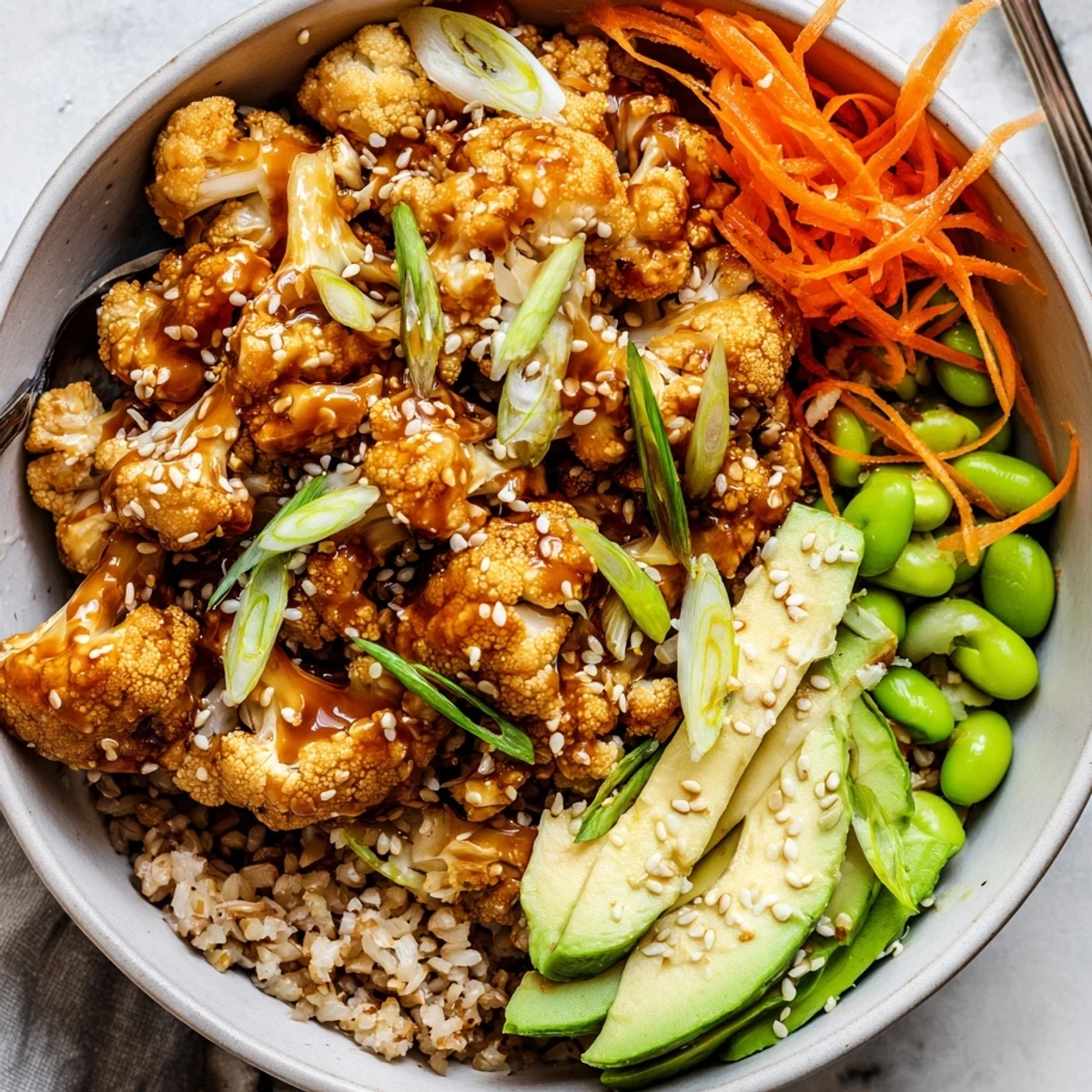 Teriyaki Cauliflower Power Bowls with glossy sauce, crispy roasted florets, sliced avocado