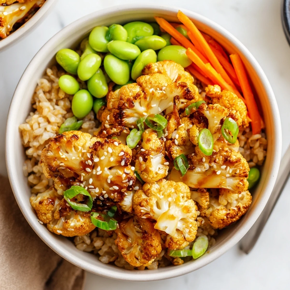 Warm Teriyaki Cauliflower Power Bowls served over rice, tangy ginger aroma