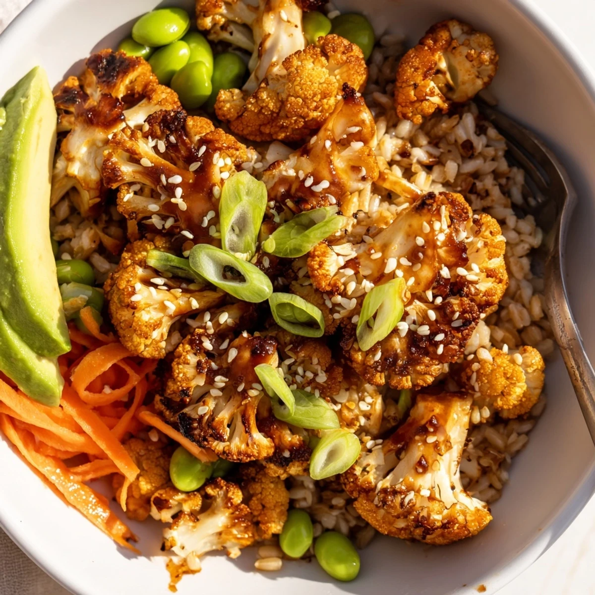 Roasted Teriyaki Cauliflower Power Bowls topped with edamame, scallions, toasted sesame