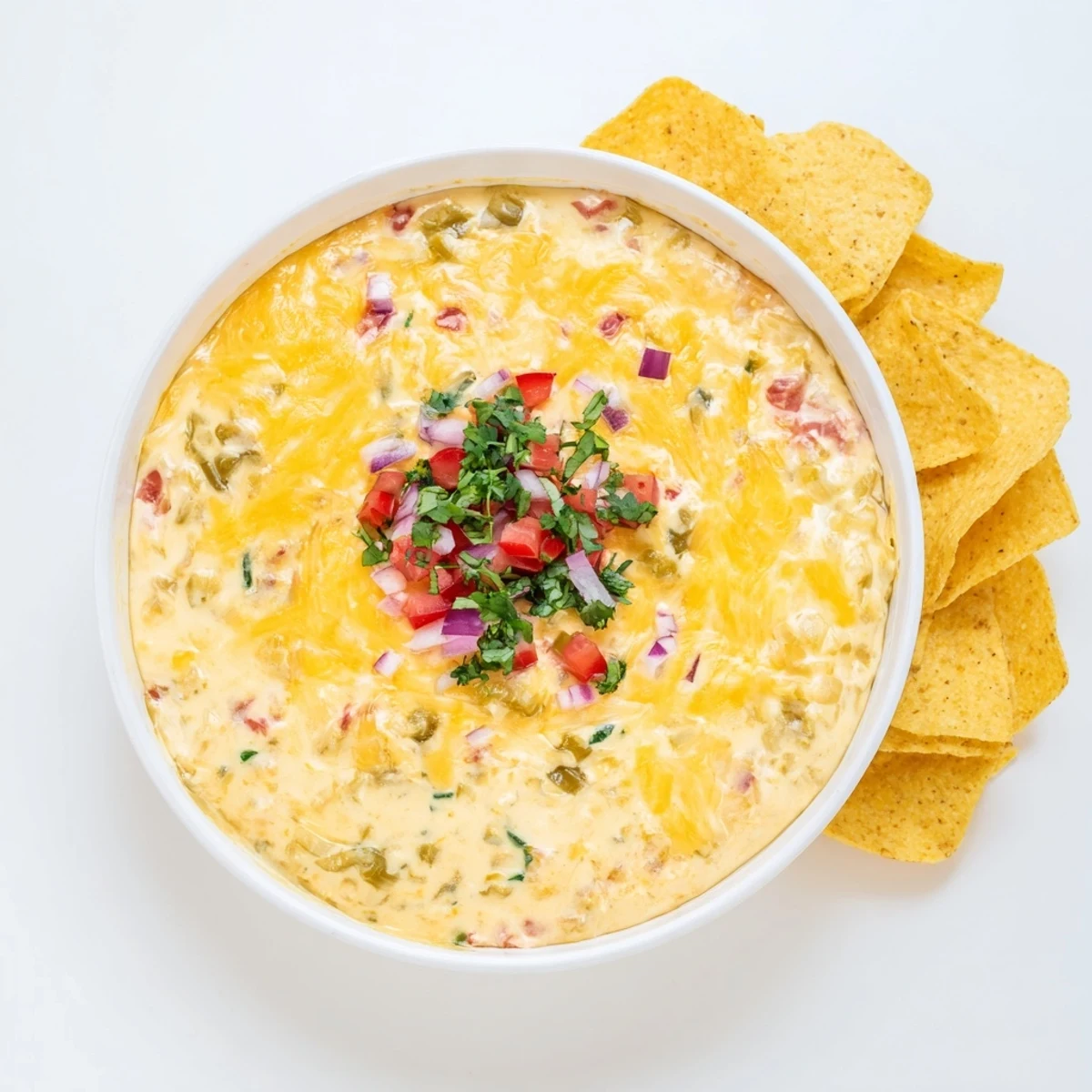 Creamy green chile queso dip with melted cheddar and Monterey Jack topped with fresh cilantro