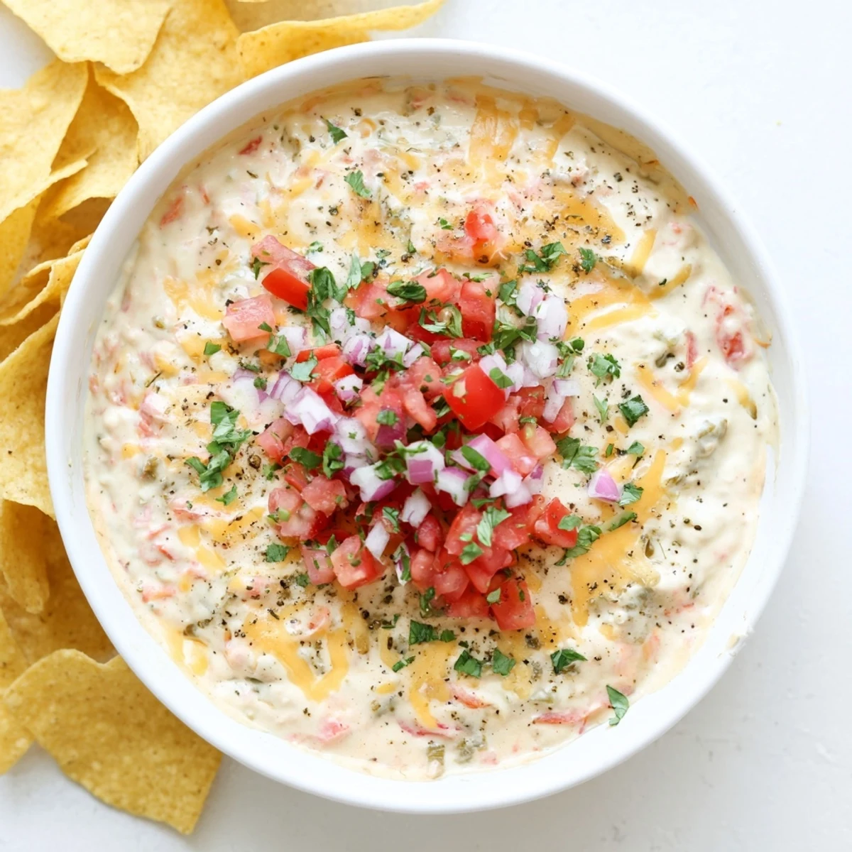 Warm green chile queso dip bubbling in a bowl surrounded by crispy tortilla chips