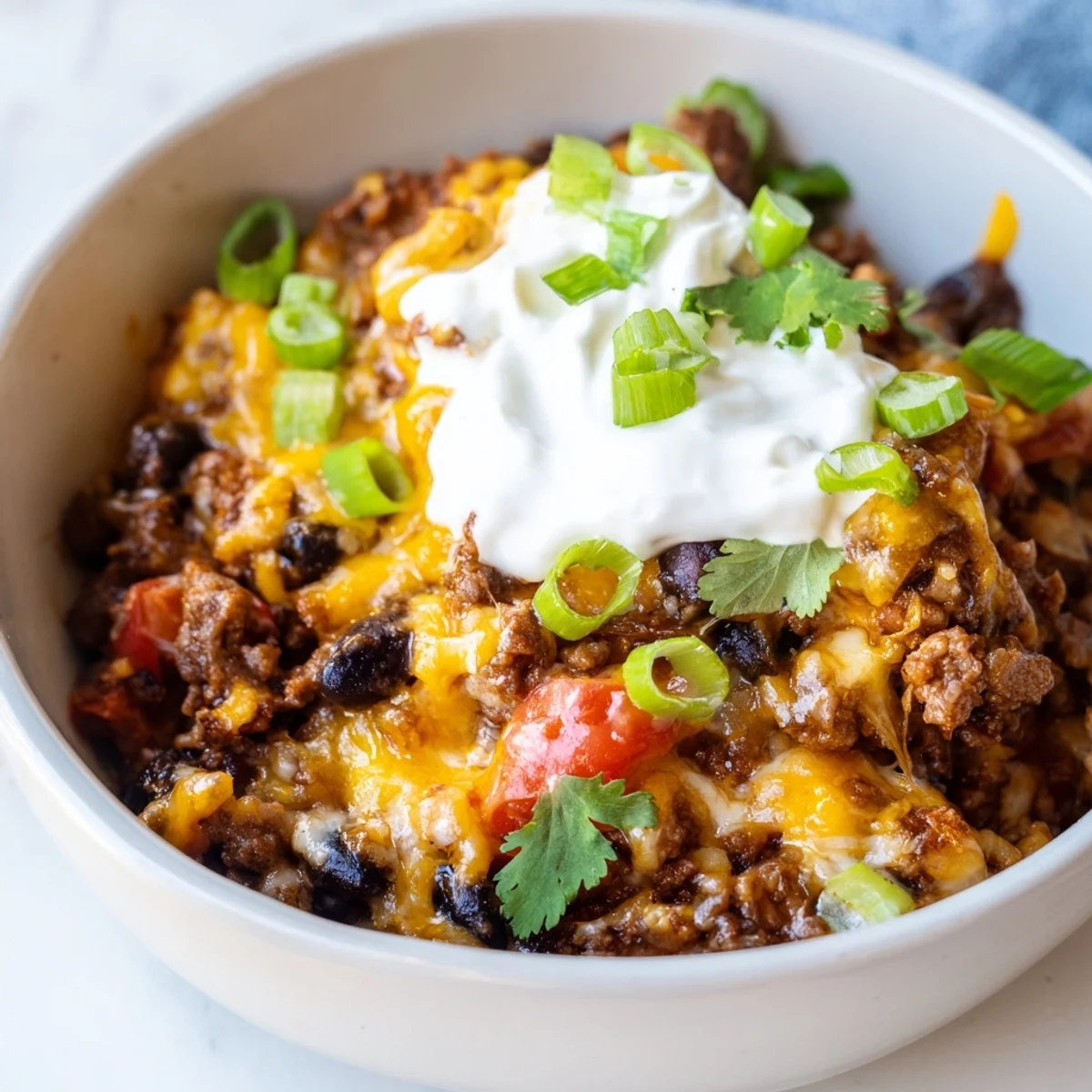 Golden melted cheese and seasoned ground beef nachos dip topped with fresh green onions and cilantro