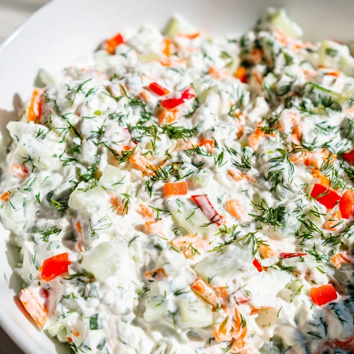 Creamy fresh vegetable spring garden dip topped with colorful diced peppers and herbs served in a white bowl