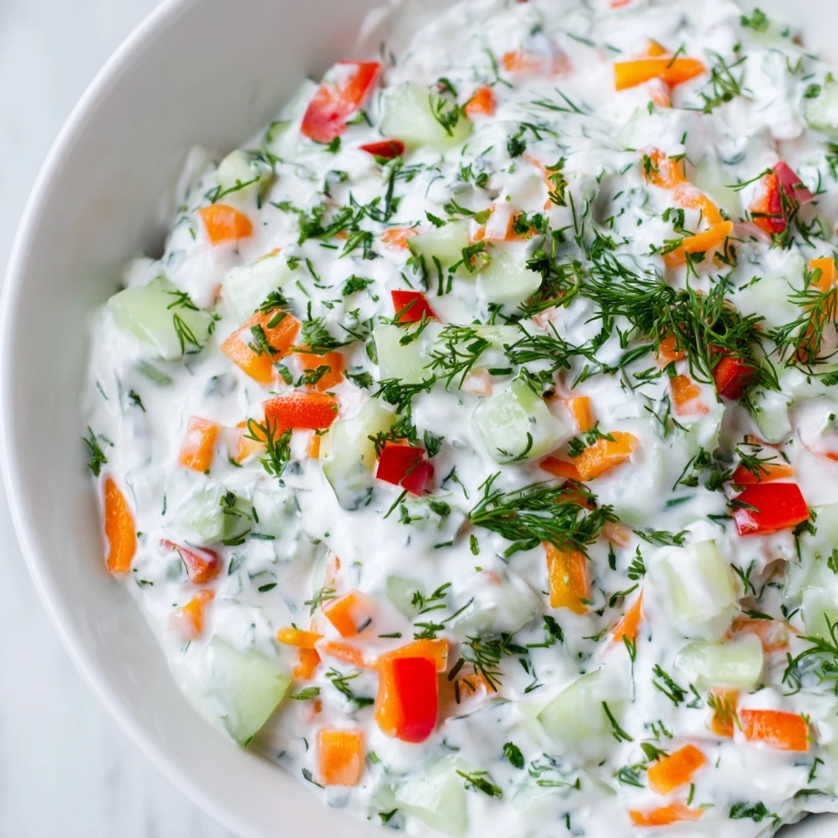 Light and tangy fresh vegetable spring garden dip with cucumber, carrots, and fresh dill garnished with parsley