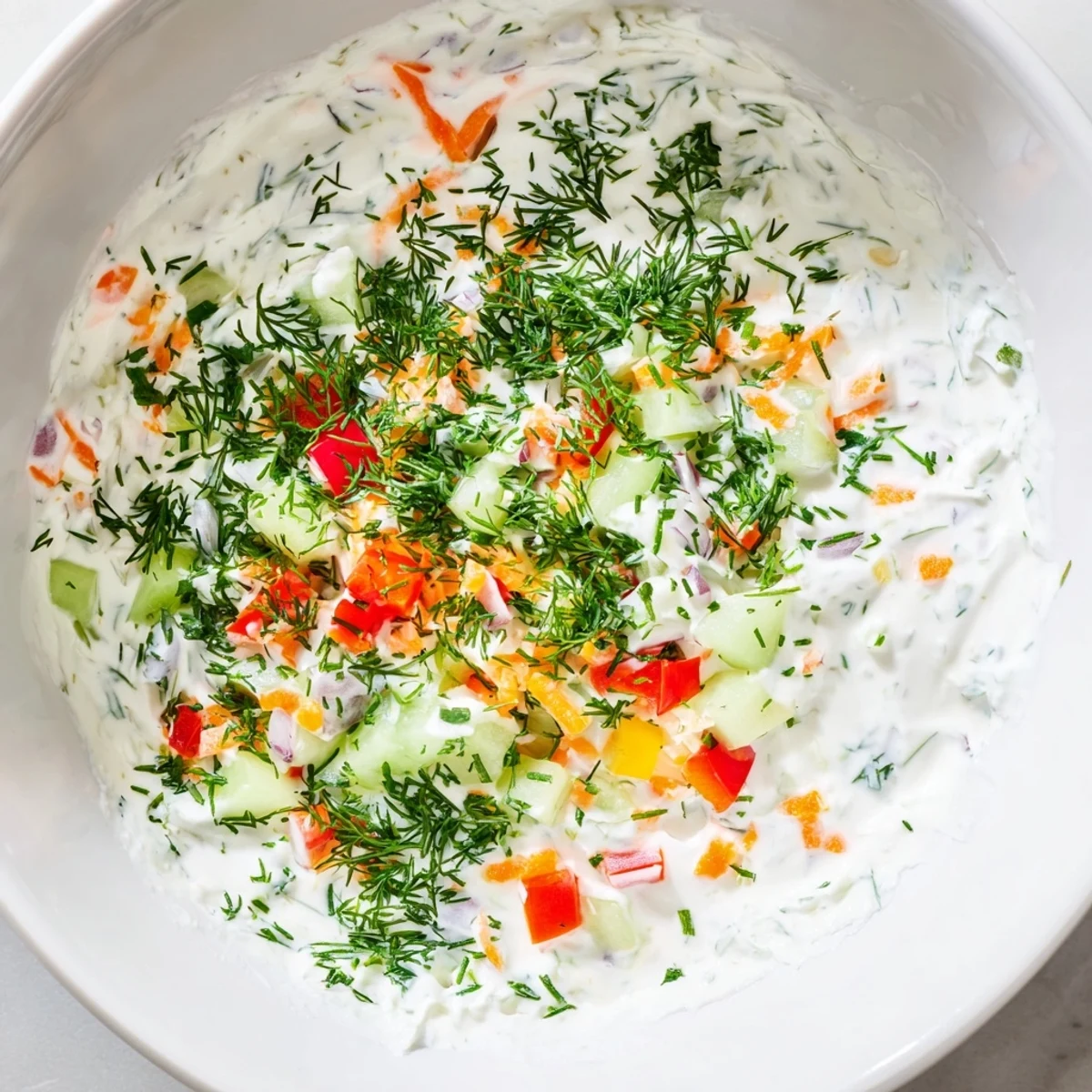 Vibrant fresh vegetable spring garden dip featuring grated carrots, red bell pepper, and chives on a serving platter