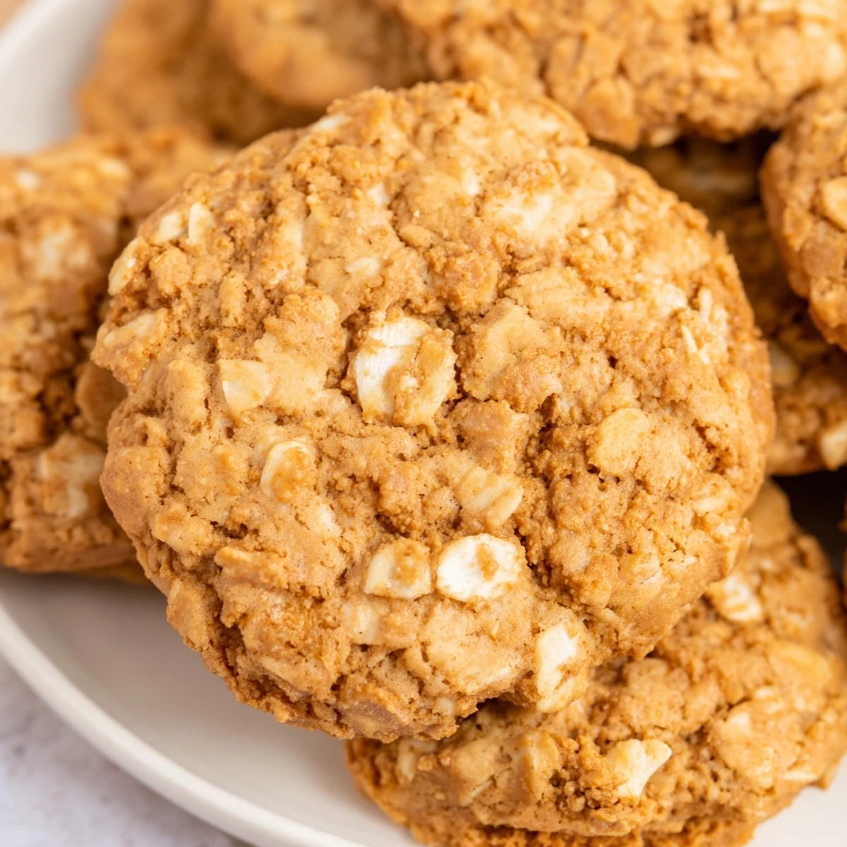 Stack of homemade Biscoff oatmeal Lotus cookies topped with chopped caramel-spice biscuits ready for serving