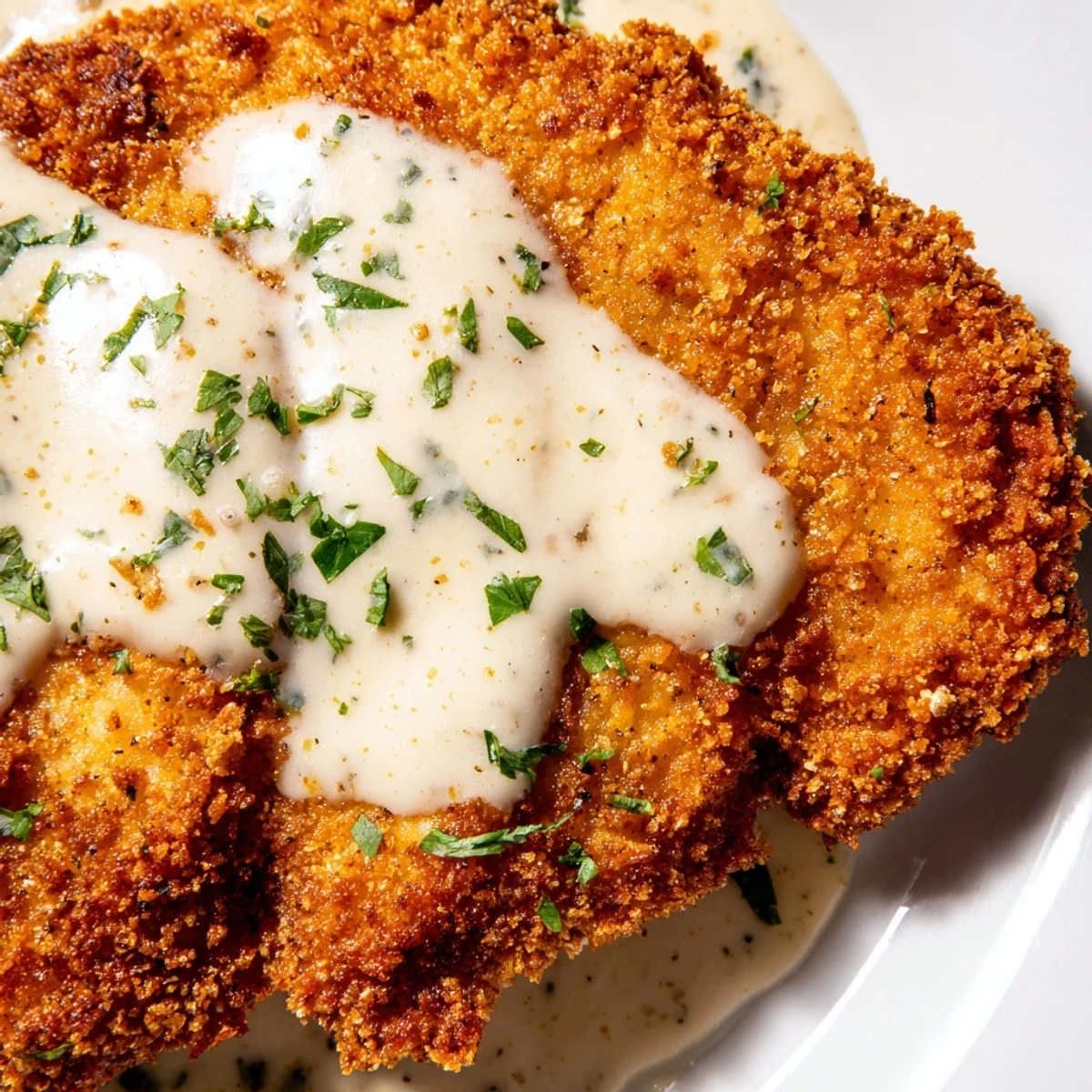 Golden brown crispy chicken breasts drizzled with velvety white Parmesan cream sauce on a white plate