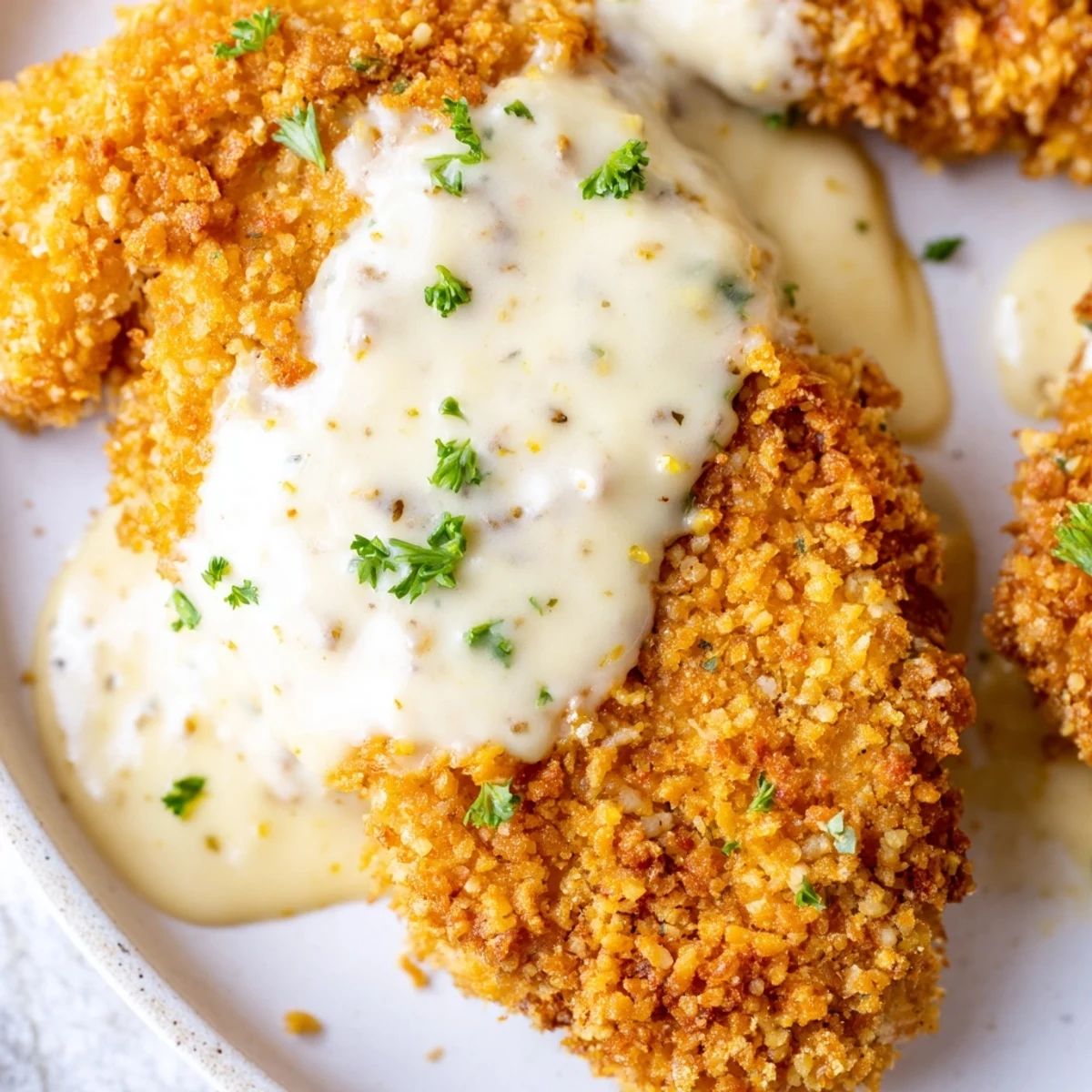 Crispy chicken coated in crunchy breadcrumb crust topped with rich garlic creamy sauce and fresh parsley garnish