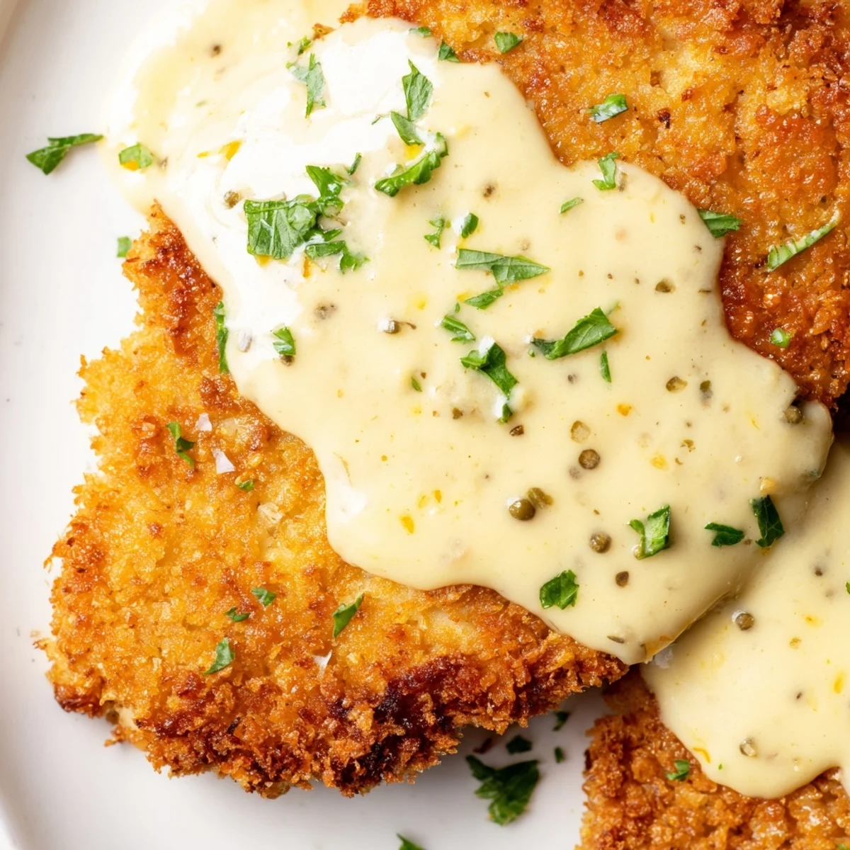 Pan fried crispy chicken with golden breading served over smooth homemade cream sauce with melted cheese