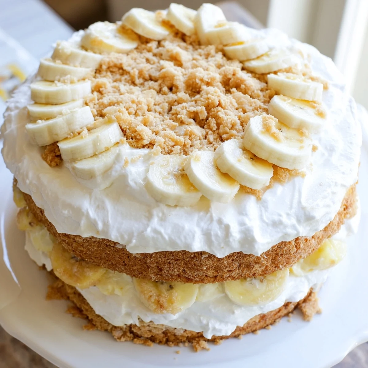 Golden banana pudding cake slice revealing creamy vanilla pudding filling and crushed vanilla wafers between tender moist layers