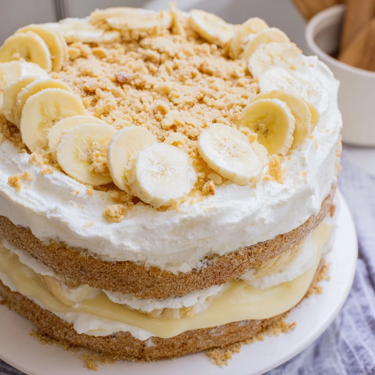 Generous square of banana pudding cake topped with fluffy whipped cream and fresh banana slices on a white dessert plate