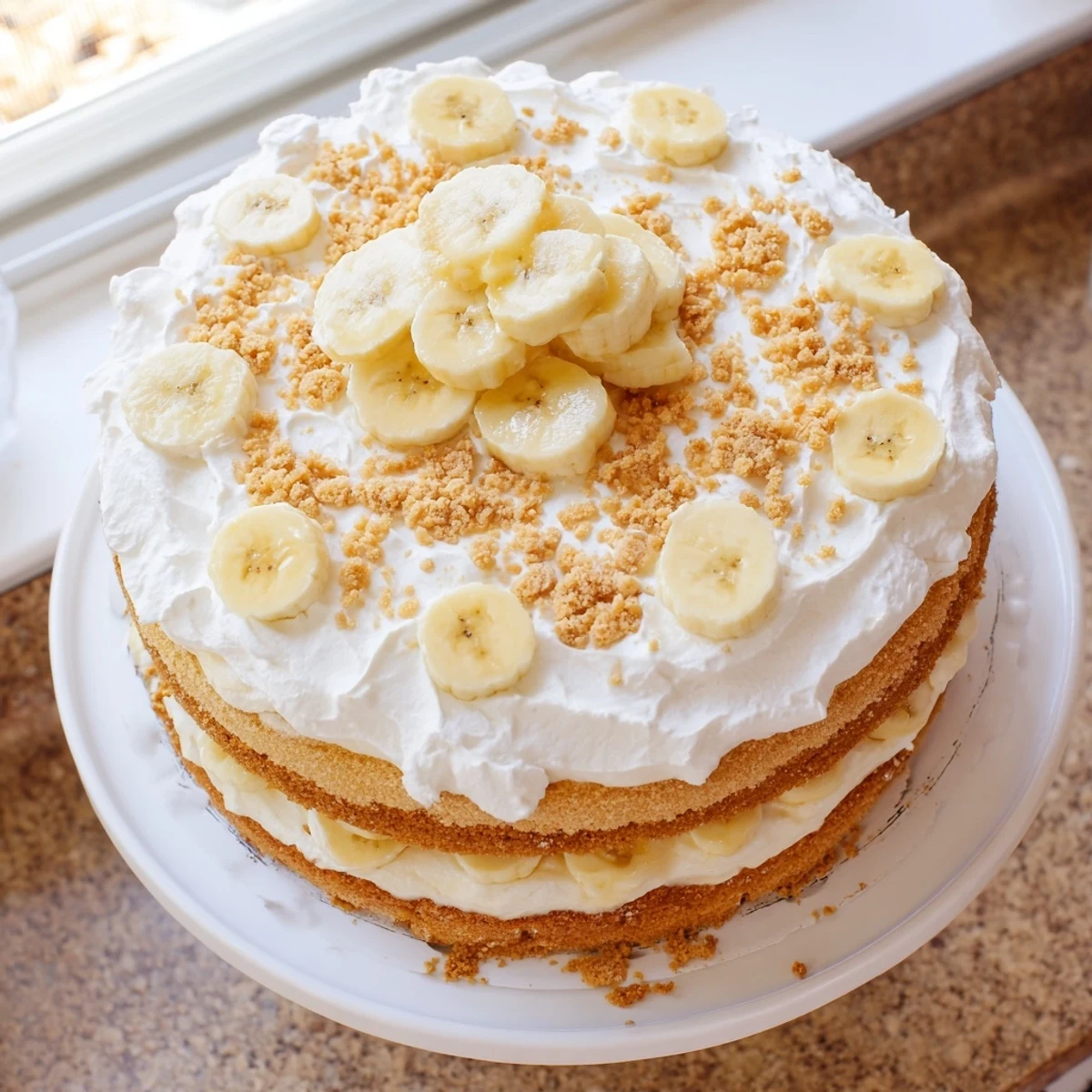 Homemade banana pudding cake displaying stacked cake layers with smooth pudding and scattered vanilla wafer crumbs garnished with whipped cream rosettes