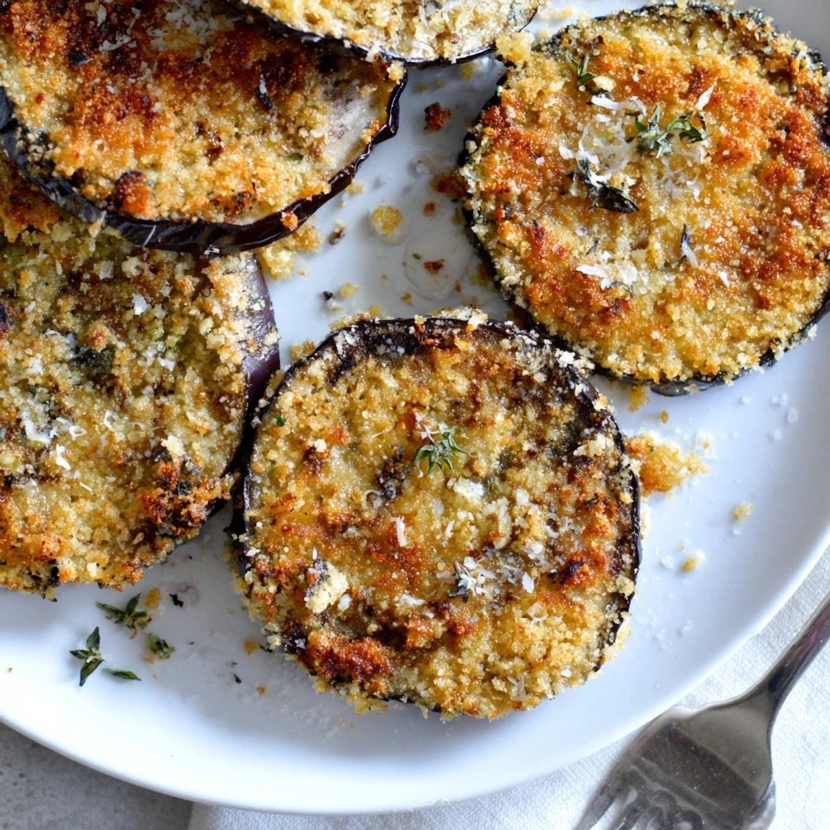 Crispy Baked Eggplant slices stacked, golden herbed crust, served with marinara.