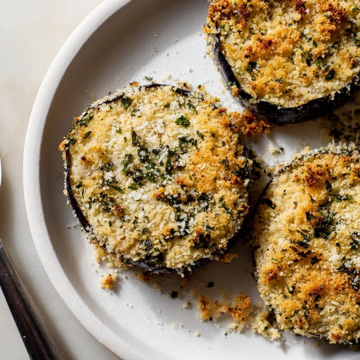 Family-style Crispy Baked Eggplant, crunchy panko coating, suggested with yogurt dip.
