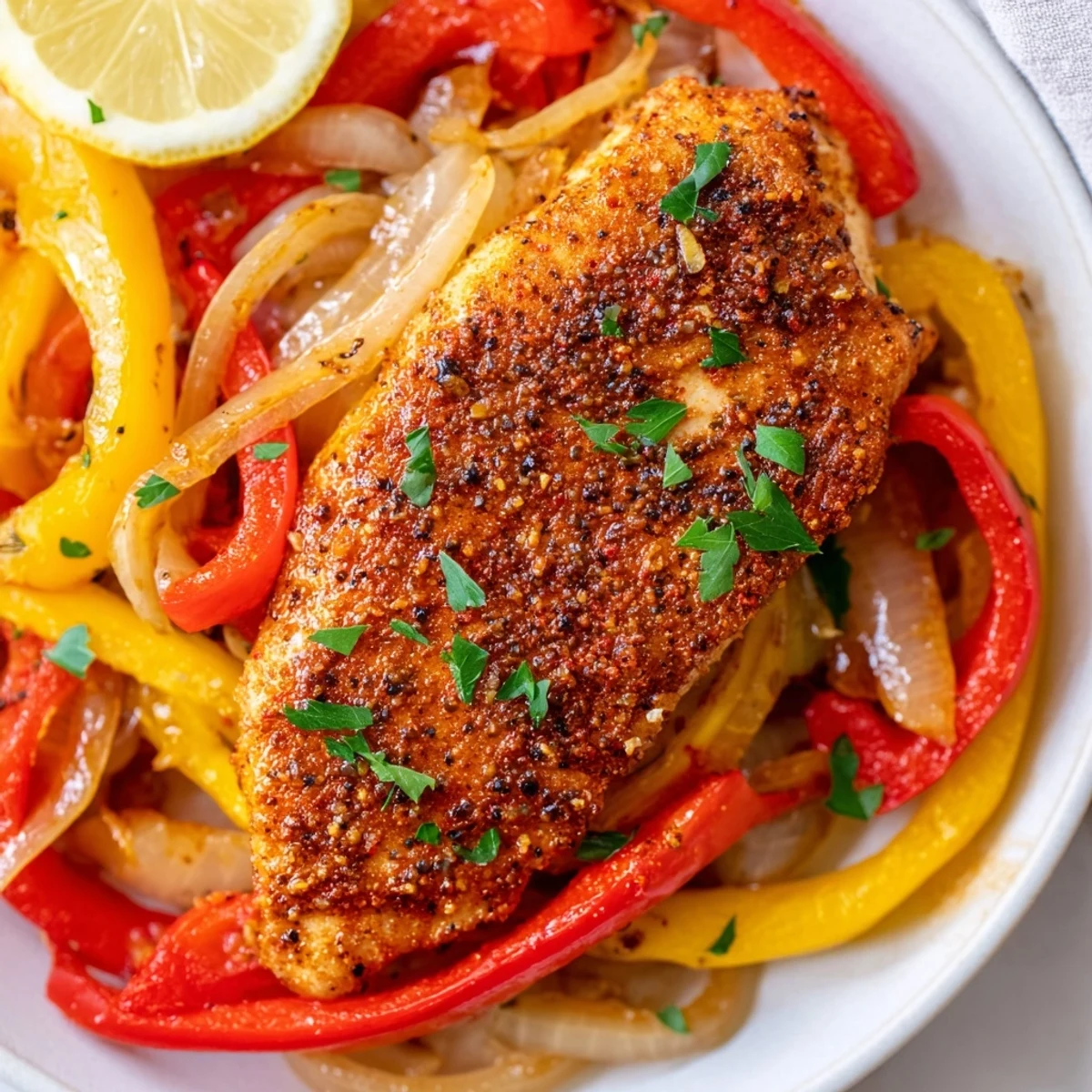 One Pan Chicken And Peppers sizzling, roasted, bright bell peppers and lemon wedges