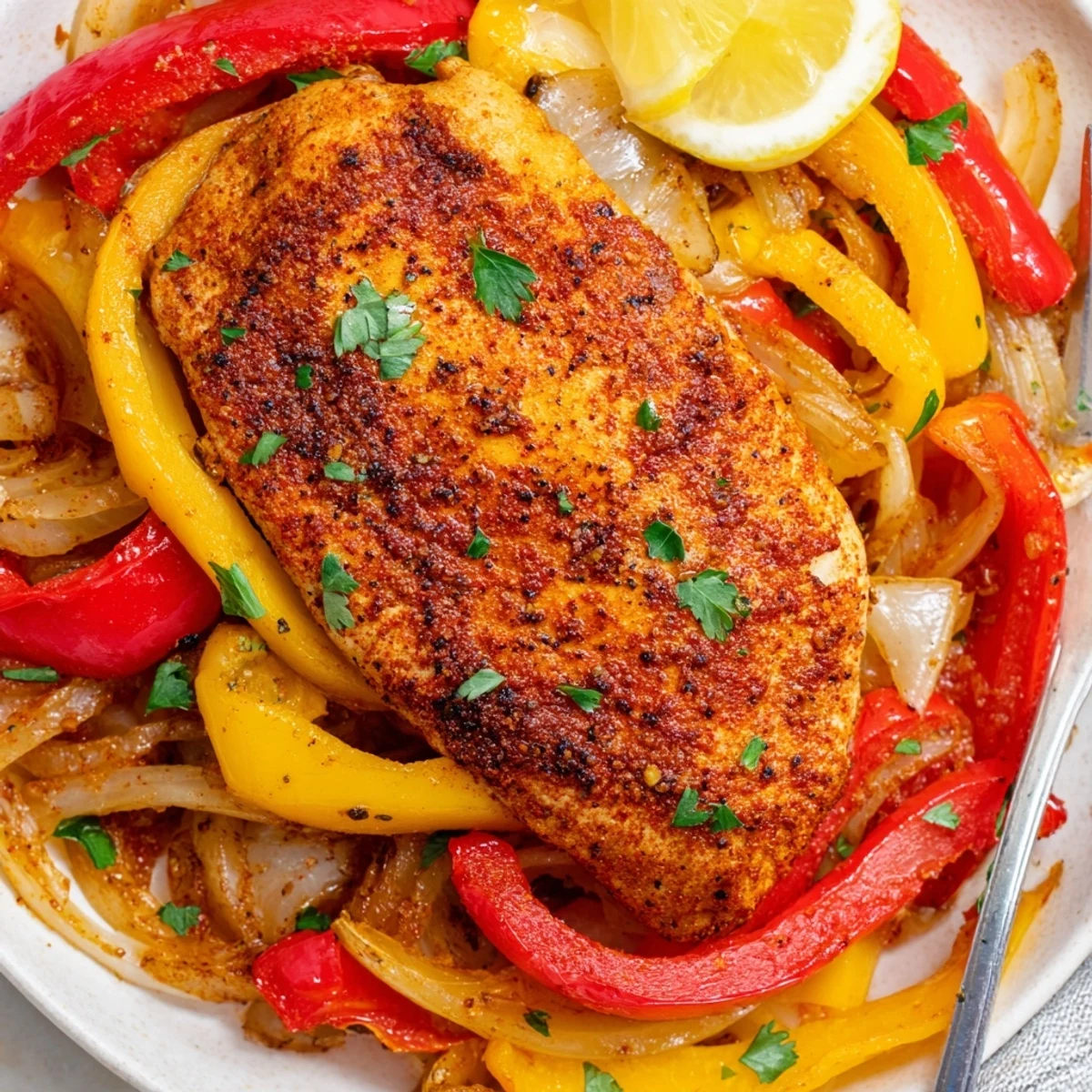 Weeknight One Pan Chicken And Peppers with caramelized onions and tender juicy chicken