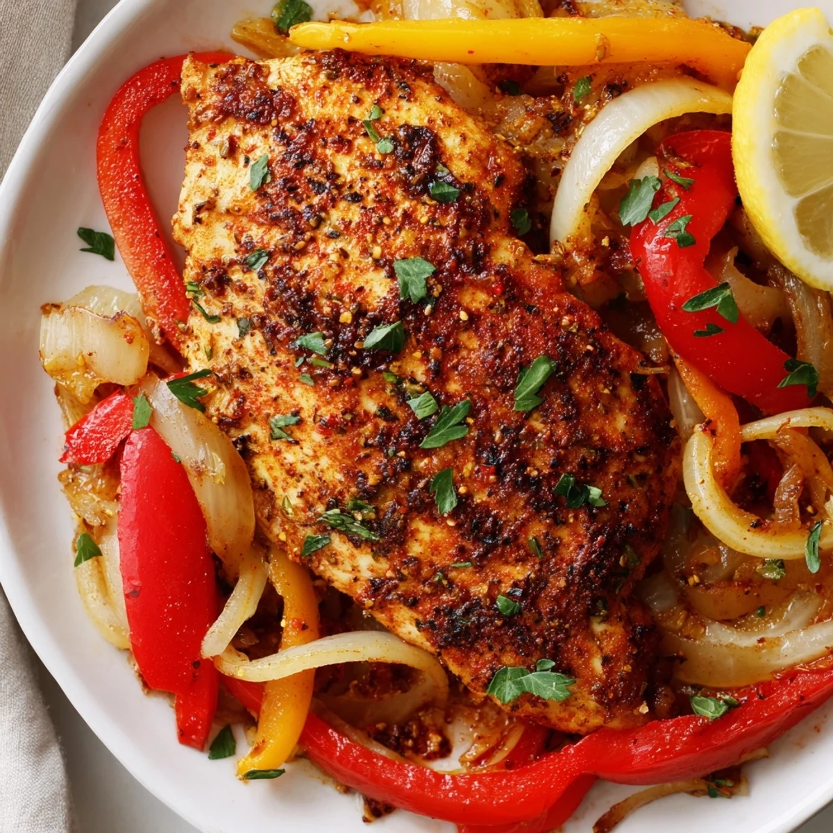 Oven roasted One Pan Chicken And Peppers resting, garnished with parsley and lemon