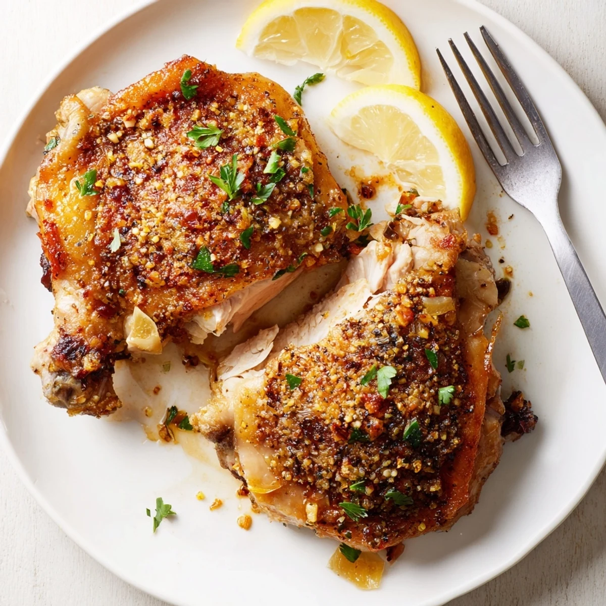 Oven-roasted Lemon Pepper Chicken Thighs resting on a platter with parsley