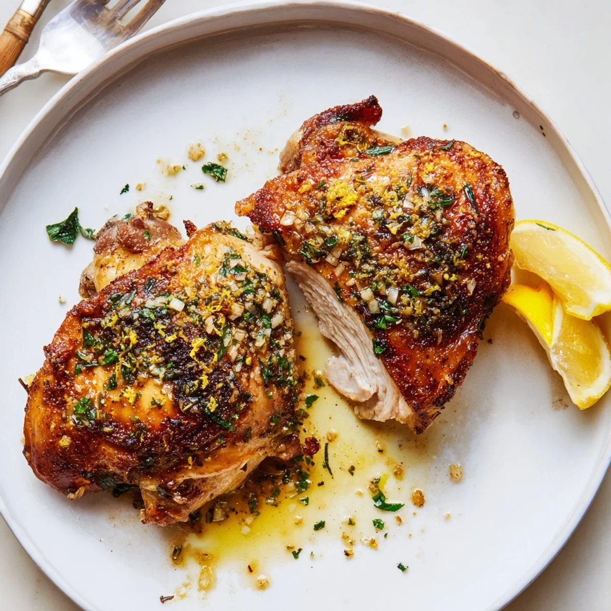 Lemon Pepper Chicken Thighs with crispy golden skin and bright lemon zest