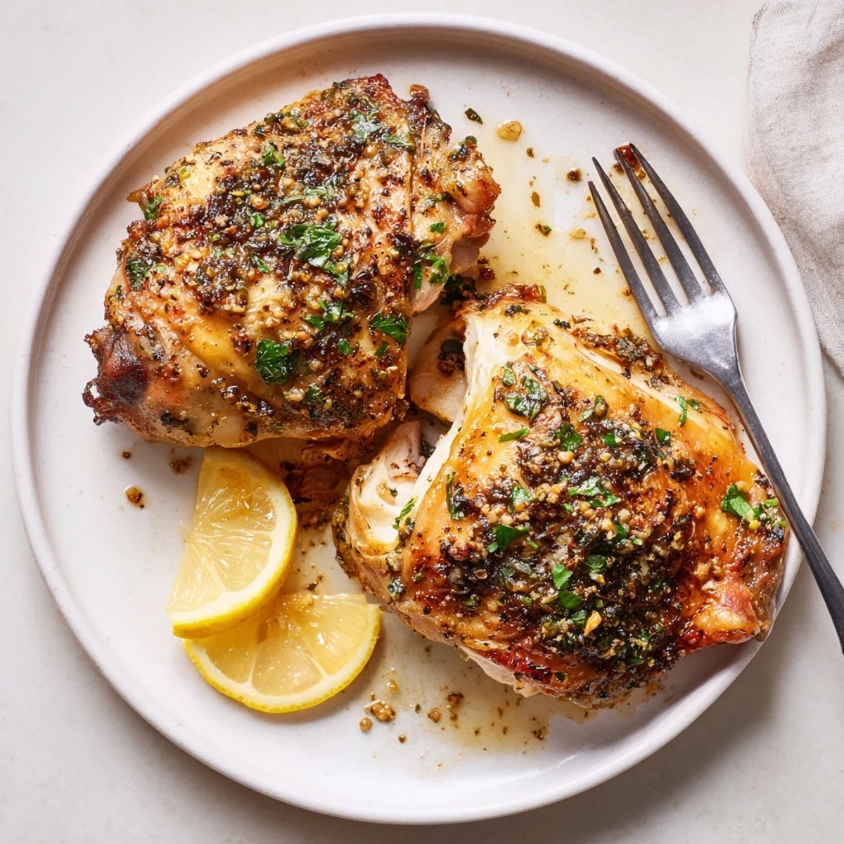 Juicy Lemon Pepper Chicken Thighs served with roasted potatoes and lemon slices